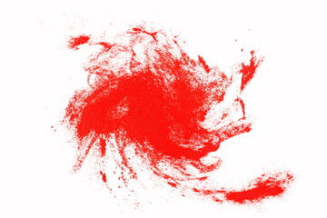 Red powder explosion isolated on white background and texture