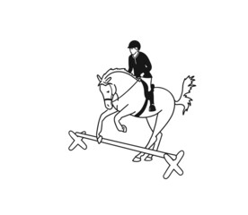 Rider and horse training, black and white vector illustration