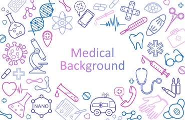 Abstract medical background with icons and symbols. Template design with the concept of healthcare, medical technology, innovative medicine, modern scientific research. Isolated. Vector illustration