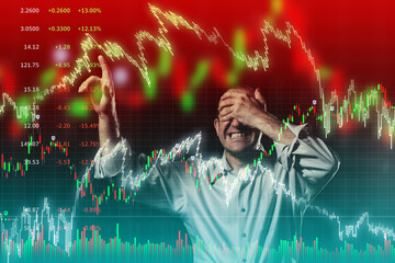 Scared trader pointing to volatile stock market charts with eyes closed. - obrazy, fototapety, plakaty