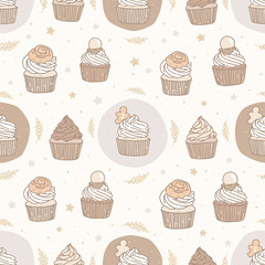 Simple seamless pattern. Hand-drawn cupcakes. Festive desserts. Gingerbread, cinnamon bun, cream, caramel candies, ganache. Vector illustration, drawing food, sweets. Stars and coniferous plant.