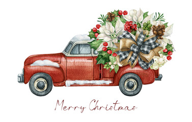 Christmas red truck with Poinsettia flower bouquet, pine cone, holly leaves, Buffalo Plaid bow ribbon. Farmhouse vintage car, Winter rustic truck, Watercolor Xmas truck,pickup truck  © Fefelova Yana