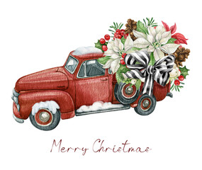 
Watercolor Xmas truck, pickup truck. Christmas red truck with Poinsettia flower bouquet, pine cone, holly leaves, stripped bow ribbon. Farmhouse vintage car, Winter rustic truck - obrazy, fototapety, plakaty