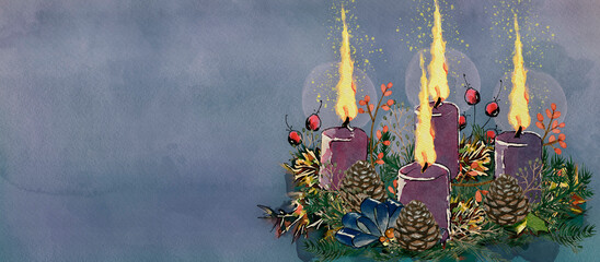 Advent Wreath with Candles. Watercolor christian background..
