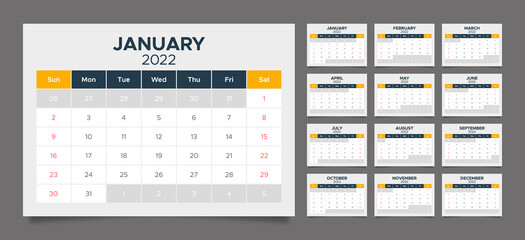 2022 new year horizontal calendar, planner and schedule for print. Weeks start on sunday