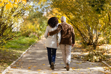 Mature couple 50 years old in an autumn park. Back view: a man and a woman are walking along the alley.