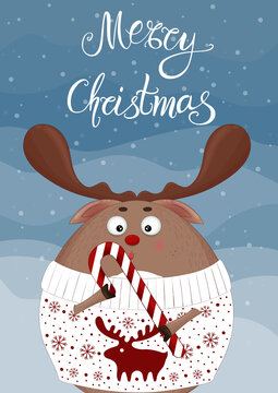 Christmas Deer Background. Funny Reindeer Wearing Ugly Sweater Background. Cartoon Santa Deer Red Nose Eating Candy Cane. Merry Christmas And Happy New Year Greeting Card Template. Santa Deer Backdrop