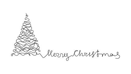 Continuous one line drawing. Merry Christmas greeting card. Lettering. Minimalistic style. Vector illustration