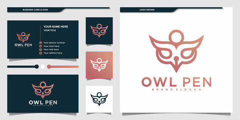 Modern owl pen logo design with unique line art style and business card Premium vektor