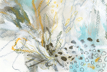 Art Watercolor and Acrylic smear blot with pencil, oil pastel line scribble elements. Interior...