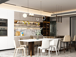 3d render of home kitchen and dining room