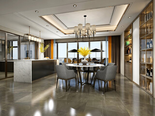 3d render of home kitchen and dining room