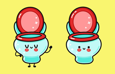 Funny cute happy toilet characters bundle set. Vector kawaii line cartoon style illustration. Cute toilet mascot character collection