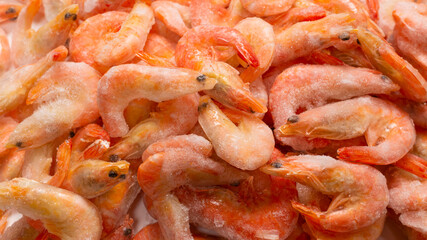 Fresh shrimps in ice. Top view.