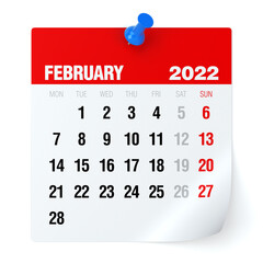 February 2022 - Calendar. Isolated on White Background. 3D Illustration