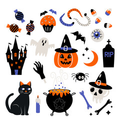 set of icons stickers for halloween. characters jack lamp, skull, witch's cauldron, black cat, eyes, worms, monster hand, bat.