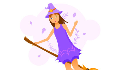 Flat Girl Woman Character Witch In A Hat Flies On A Broomstick And Waves Her Hand With Different Colors Eyes Disease Heterochromia Concept Leaf Leaves