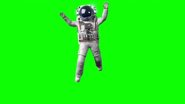 Astronaut Jumping And Flying Away - Isolated On Green Background. 3D 4k Animation (3840 X 2160 Px).