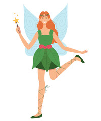 Cartoon fairy girl with magic wand and wings smiling. Halloween costume for girl. 