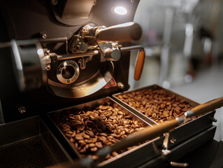 Industrial coffee roasting machine with brown coffee beans