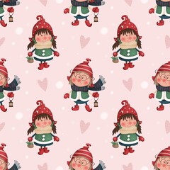 Seamless pattern with cute dwarves in red mittens and hats
