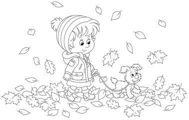 Cute little girl and her merry pup walking on autumn leaves around a park, black and white outline vector cartoon illustration for a coloring book page