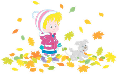 Cute little girl and her merry pup walking on colorful autumn leaves around a park, vector cartoon illustration isolated on a white background