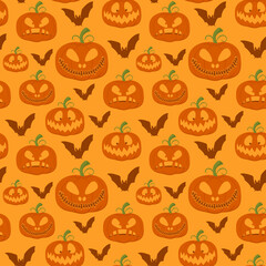 Halloween seamless pattern. Pumpkins with different emotions, bats. Vector illustration