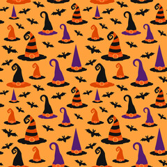 Halloween seamless pattern. Witch's hats, bats. Vector illustration