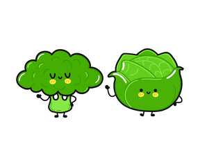 Funny cute happy white cabbage, broccoli, characters bundle set. Vector kawaii line cartoon style illustration. Cute cabbage mascot friends concept