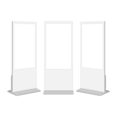 Set of White Digital Signages with Blank Screens, Front and Side View. Vector illustration