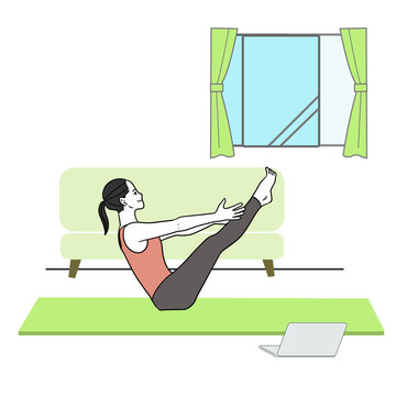 recommend clip art: 室内でピラティスを行い腹筋を鍛える若い女性の全身の線画イラスト