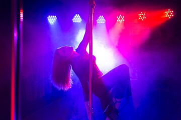Pole dance. Young slender sexy woman dancing on a pole in the interior of a nightclub with light...