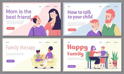 A set vector web banners with happy parents talking with little kids and teens