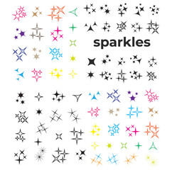 Fototapeta na wymiar Black sparkles, glowing light effect stars and bursts vector set. Bright firework, decoration twinkle, shiny flash vecor illustration