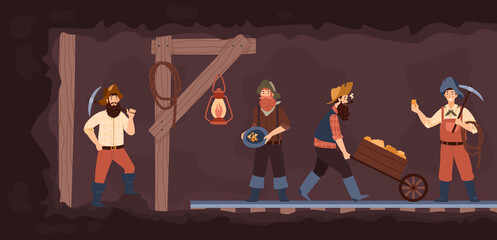 Vintage old gold mine with prospectors or diggers flat vector illustration.