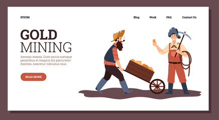 Gold mining webpage with gold rush period miners, flat vector illustration.