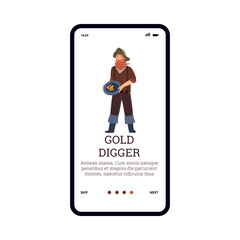 Onboarding mobile screen with gold digger or miner, flat vector illustration.