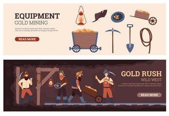 Set of flyers or banners on gold mining and rush, flat vector illustration. - obrazy, fototapety, plakaty