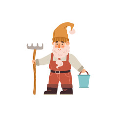 Garden gnome character with rake and bucket, flat vector illustration isolated.