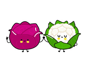 Funny cute happy red cabbage and cauliflower, characters bundle set. Vector kawaii line cartoon style illustration. Cute cabbage mascot friends concept