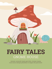 Fairy tales card or poster with cute gnomes house, flat vector illustration.