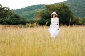 Fototapeta na wymiar Summertime. Smiling young woman in a straw hat and dress is walking in a meadow. The concept of psychology and relax