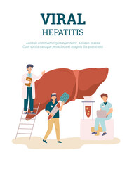 Viral hepatitis treatment banner or poster template, flat vector illustration.