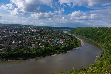 Fototapeta premium Panorama of Zalishchyky and the Dniester River from the high bank. Ukraine