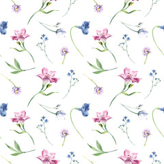 Watercolor flower pattern. Seamless print with spring pink flowers for fabric, paper or wallpaper.