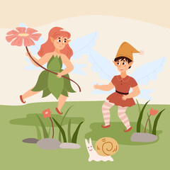 Fantasy summer forest background with pixies or elves, flat vector illustration.
