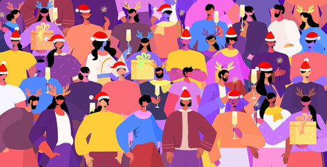 people group in santa hats holding gifts mix race businesspeople celebrating 2022 new year and christmas holidays