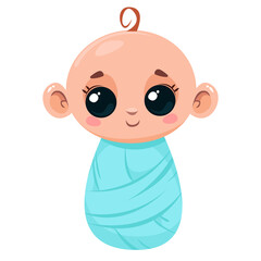 Cute newborn baby in a blue blanket. Vector illustration in cartoon children's style. Isolated funny child character clipart.