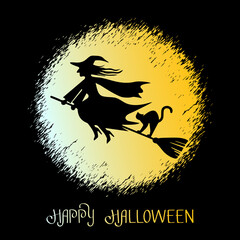 greeting card with text Happy Halloween. witch on a broomstick with a black cat flying on a broomstick.
